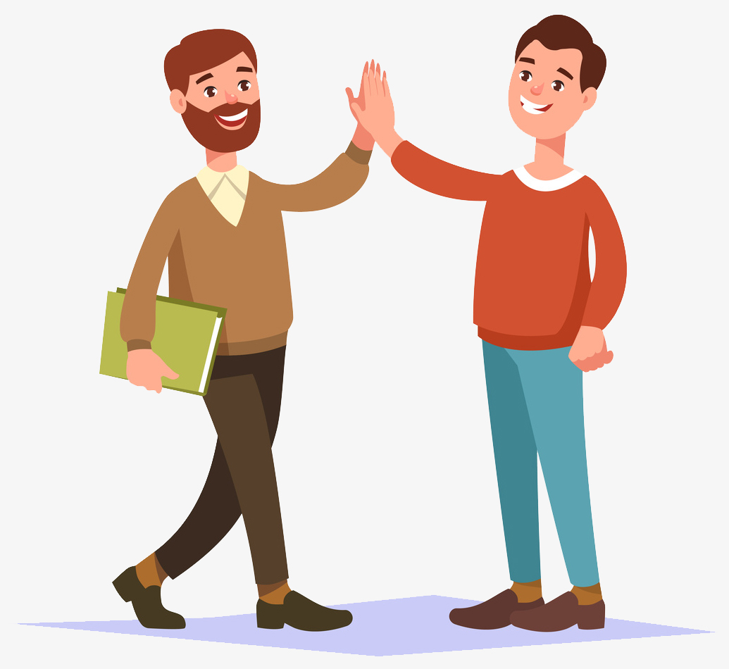 The meeting of two hipster guy friend and handshake raise high the hands. People interactions.